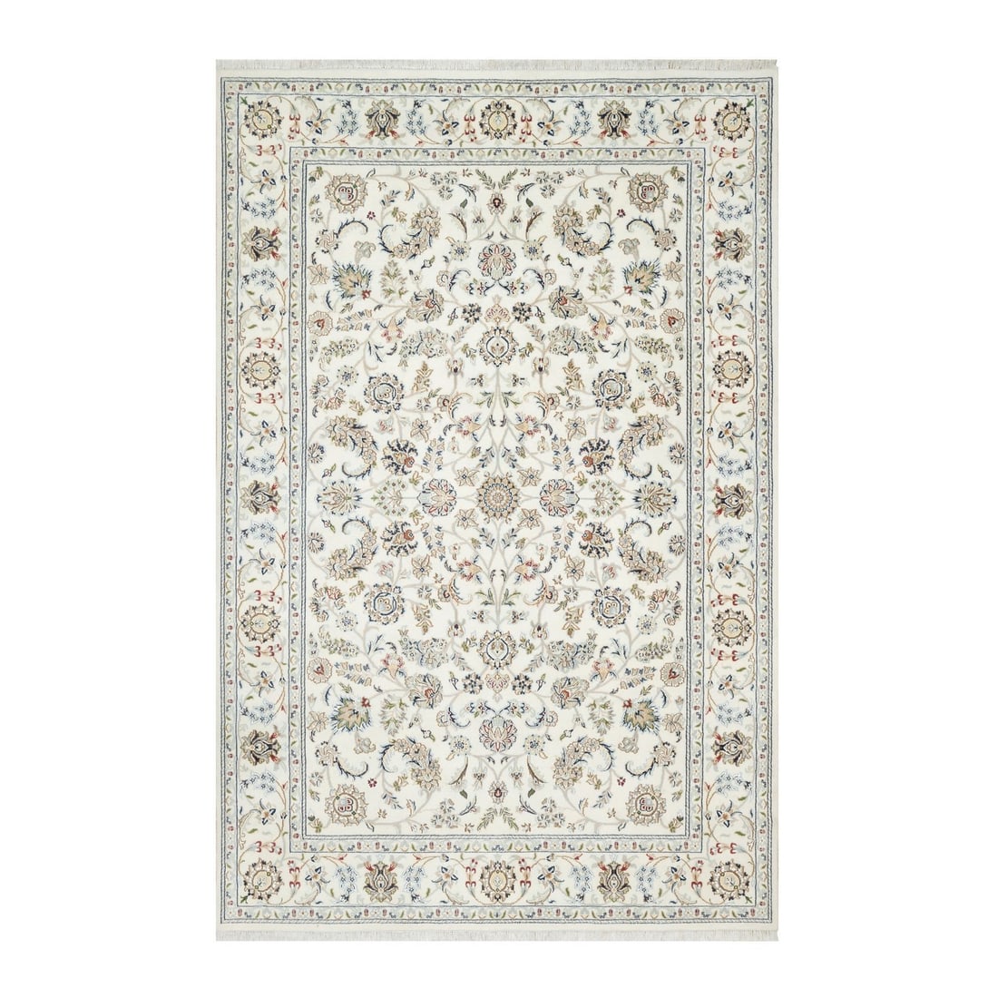 5'10"x9'1" Natural White Hand Knotted Nain 250 KPSI Wool and Silk Rug: 5'10"x9'1" Natural White Hand Knotted Nain 250 KPSI Wool and Silk Rug The Nain rug boasts an impressive size, measuring 5'10" x 9'1", with a natural white color and intricate hand-knotted design
