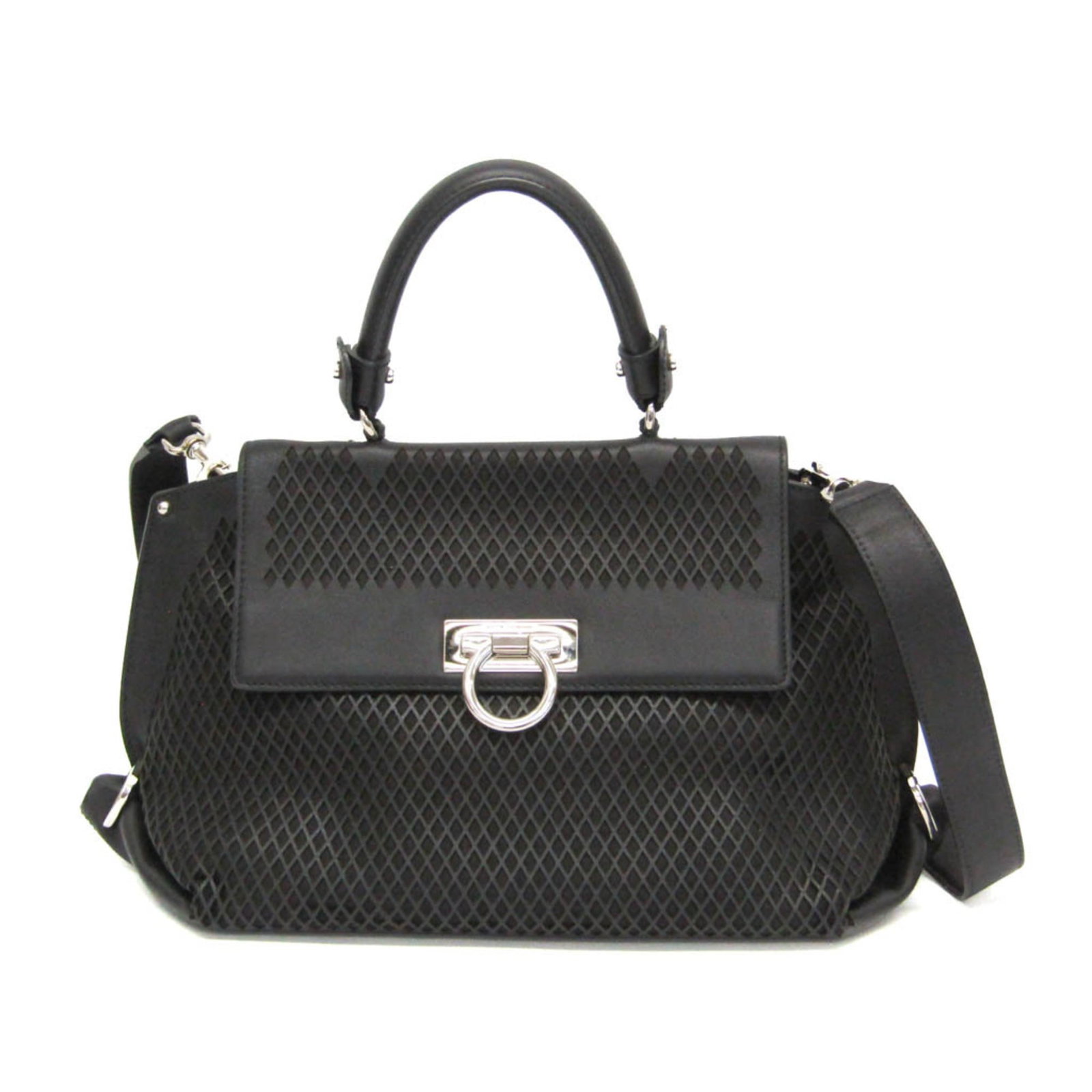 Salvatore Ferragamo leather handbag shoulder bag: Salvatore Ferragamo leather handbag shoulder bag Black leather shoulder bag with punching details, featuring a flip lock closure and adjustable strap. The Sofia FZ-21 E326 model boasts a sleek design