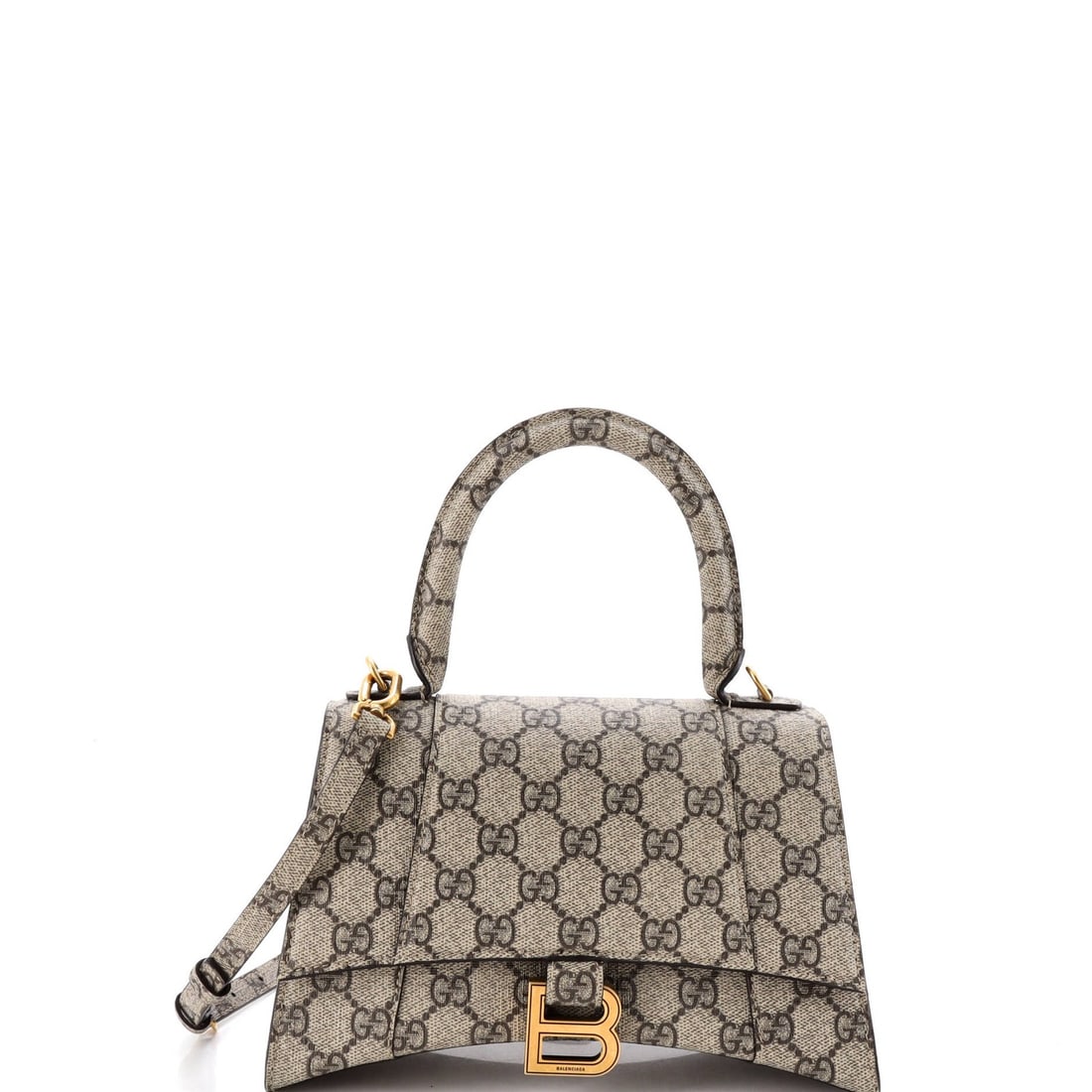 Gucci x Balenciaga The Hacker Project Hourglass Top Handle Bag GG Coated Canvas: Gucci x Balenciaga The Hacker Project Hourglass Top Handle Bag GG Coated Canvas The Gucci x Balenciaga The Hacker Project Hourglass Top Handle Bag GG Coated Canvas features a striking brown exterior