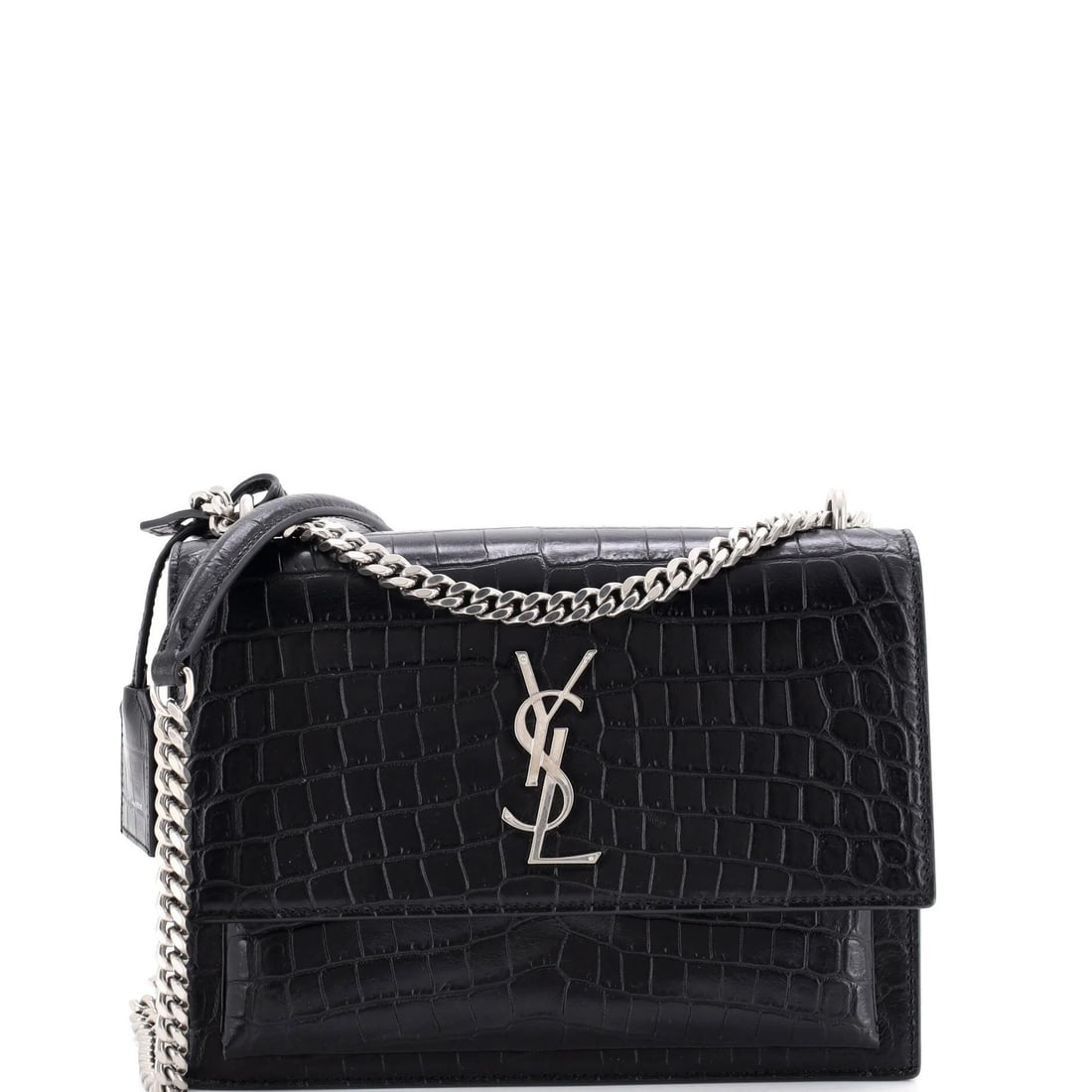 Crocodile Embossed Leather Saint Laurent Crossbody Bag Medium Sunset: Crocodile Embossed Leather Saint Laurent Crossbody Bag Medium Sunset Crocodile embossed leather adds an exotic touch to the Saint Laurent medium sunset crossbody bag. The black exterior features