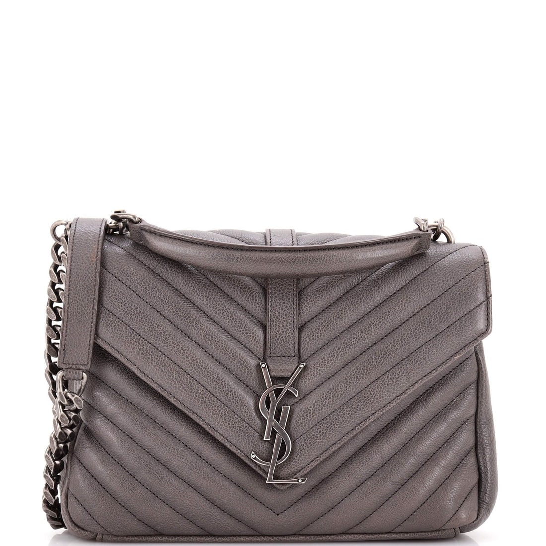 Leather Matelasse Chevron Monogram Classic Bag Medium Saint Laurent College: Leather Matelasse Chevron Monogram Classic Bag Medium Saint Laurent College Medium Saint Laurent College bag with classic monogram chevron design in gray leather, featuring a matelasse pattern. The ba