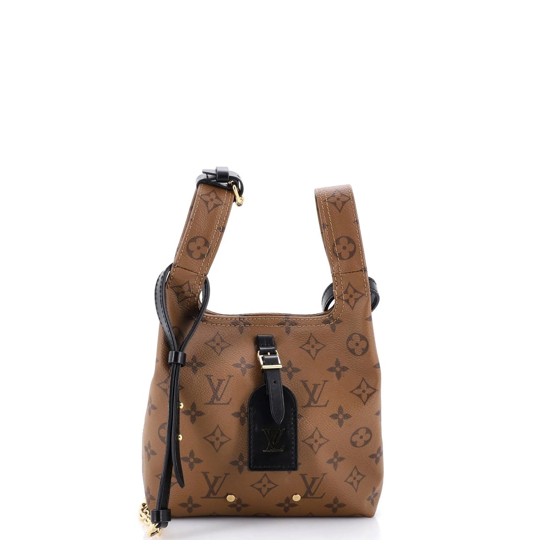 Louis Vuitton handbag reverse monogram canvas BB: Louis Vuitton handbag reverse monogram canvas BB Brown Louis Vuitton handbag with reverse monogram canvas BB exterior, featuring a classic tote design and gold hardware. The bag shows signs of wear, i
