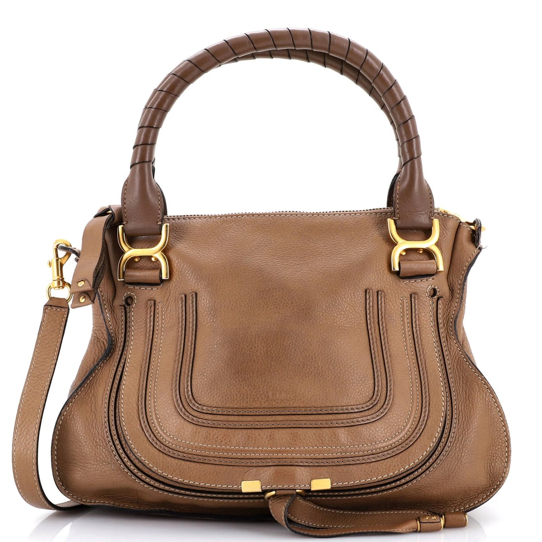 Leather Medium Satchel Chloe Marcie: Leather Medium Satchel Chloe Marcie The Chloe Marcie Medium Satchel boasts a rich, brown leather exterior with subtle signs of wear and scuffs. Its sturdy design features a medium size, complete with 