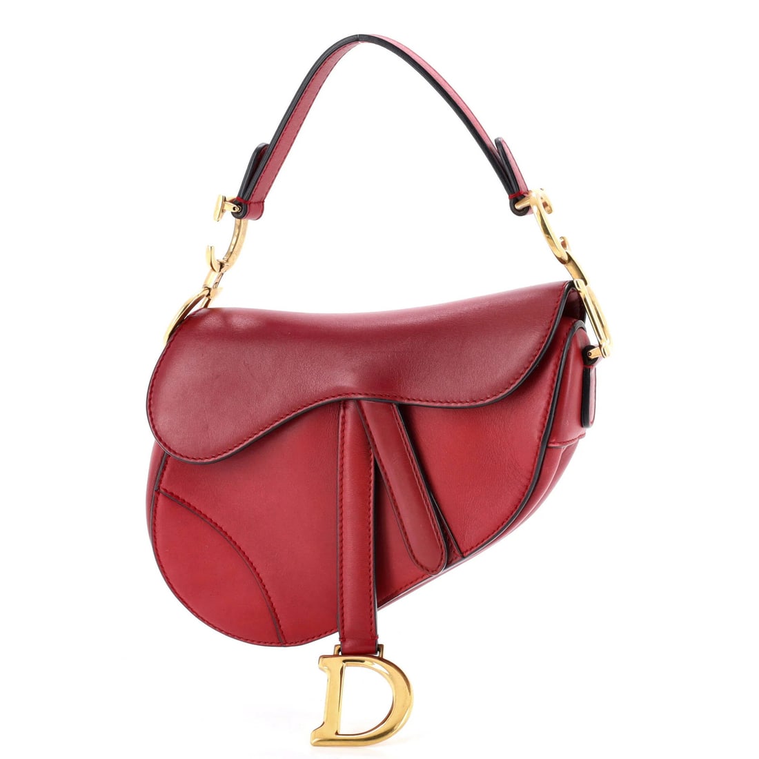 Christian Dior Saddle Mini Leather Handbag: Christian Dior Saddle Mini Leather Handbag The Christian Dior Saddle Mini Leather Handbag boasts a striking red exterior, perfectly capturing the essence of its iconic design. With its classic shoulde
