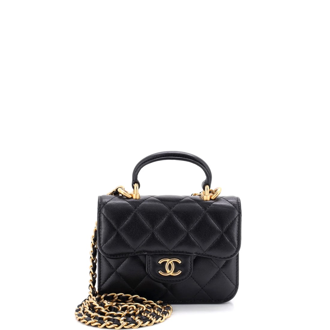 Handle flap coin purse chain quilted lambskin top with Chanel: Handle flap coin purse chain quilted lambskin top with Chanel Black quilted lambskin top with chain and flap coin purse, featuring an aged gold hardware detail. This Chanel cross body bag boasts a sty