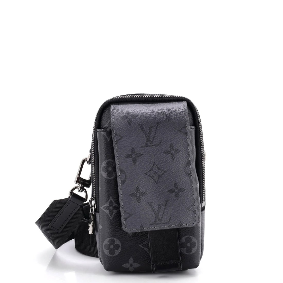Double Phone Pouch NM Reverse Monogram Eclipse Canvas Louis Vuitton: Double Phone Pouch NM Reverse Monogram Eclipse Canvas Louis Vuitton Double phone pouches, interior fabric and hardware color black. The item has scuffs, edge wear, corner wear, and minor creases on th