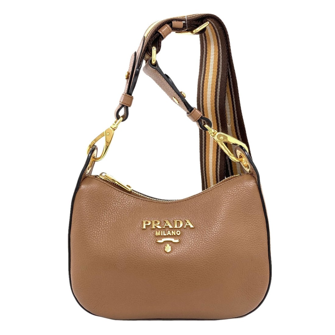 Prada Logo Shoulder Bag Leather: Prada Logo Shoulder Bag Leather Brown leather shoulder bag with Prada logo, made from high-quality materials. This classic design showcases the iconic brand's signature style and sophistication. The t