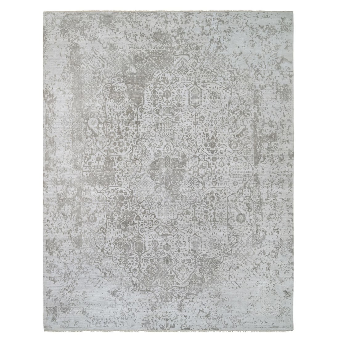 11'9"x15' Gray Zoroastrian Hand Knotted Wool and Silk Oversized Rug: 11'9"x15' Gray Zoroastrian Hand Knotted Wool and Silk Oversized Rug The Zoroastrian hand-knotted wool and silk rug boasts an impressive 11'9" x 15' rectangular field, crafted with a traditional orient