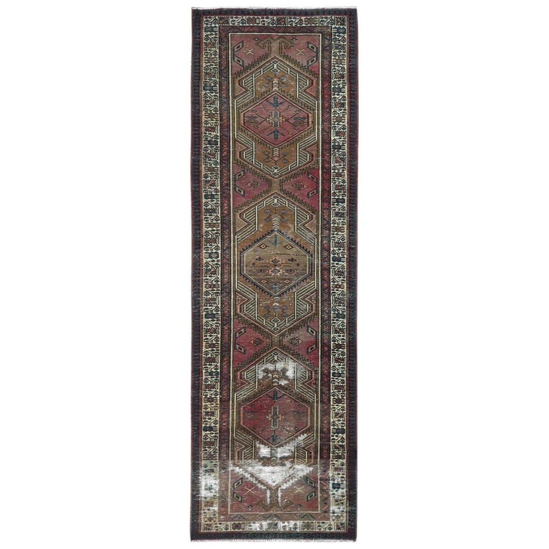 3'1"x10'1" Red Worn Wool Hand Knotted Vintage Farsian Serrib Runner Rug: 3'1"x10'1" Red Worn Wool Hand Knotted Vintage Farsian Serrib Runner Rug The Farsian serrib runner rug boasts a striking red hue, characteristic of the traditional Turkish design. Hand-knotted from wor