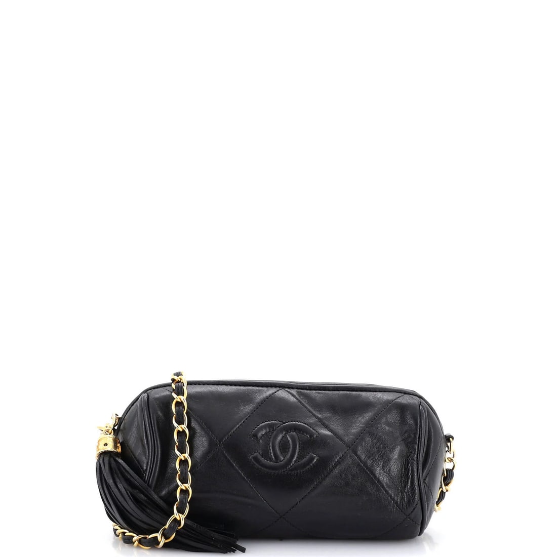 Chanel Diamond Quilted Leather Barrel Bag Mini Vintage: Chanel Diamond Quilted Leather Barrel Bag Mini Vintage Black quilted leather exterior, gold hardware, and black interior make up the classic Chanel Diamond CC Barrel Bag Mini Vintage. This mini should
