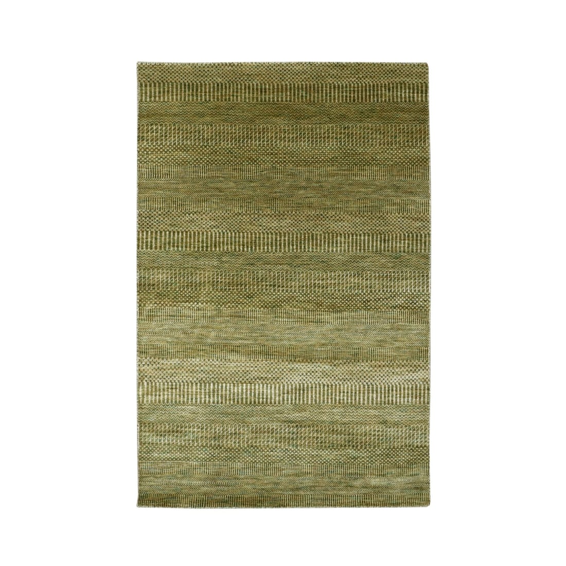 4'x6'1" Amber Green Wool and Silk Modern Grass Design Hand Knotted Rug: 4'x6'1" Amber Green Wool and Silk Modern Grass Design Hand Knotted Rug This stunning 4'x6'1" hand-knotted rug boasts a striking modern grass design in rich amber green hues, crafted from luxurious woo