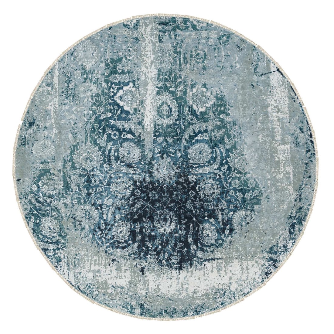 9'10"x9'10" Blue-Teal Farsian Tebraz Wool and Silk Hand Knotted Round Rug: 9'10"x9'10" Blue-Teal Farsian Tebraz Wool and Silk Hand Knotted Round Rug The 9'10"x9'10" Blue-Teal Farsian Tebraz Wool and Silk Hand Knotted Round Rug boasts a stunning blue-teal color that adds a to