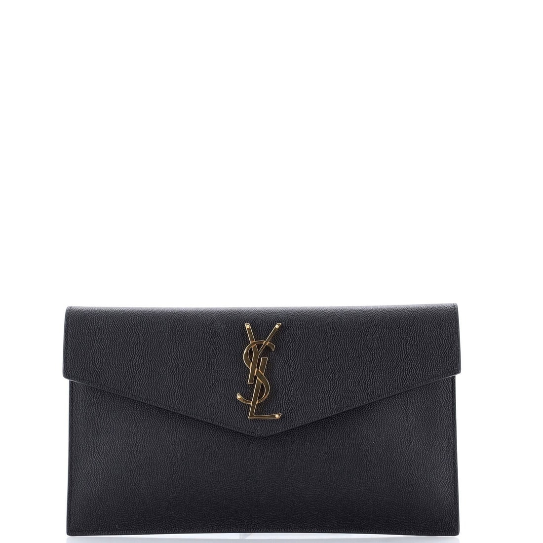 Pouch Leather Uptown Saint Laurent: Pouch Leather Uptown Saint Laurent Black Pouch Leather Uptown Saint Laurent Clutch with Aged Gold Hardware, featuring minor scuffs and edge wear on the exterior and interior discoloration. The