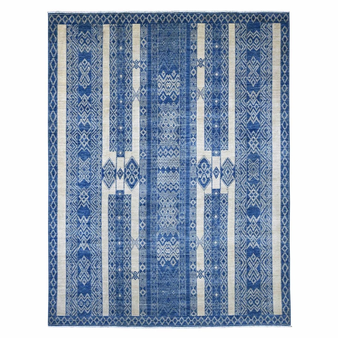 Blue Moroccan Berber Influence Wool Hand Knotted Oriental Rug 8'9"x11'6: Blue Moroccan Berber Influence Wool Hand Knotted Oriental Rug 8'9"x11'6 Hand-knotted in wool, this stunning Blue Moroccan Berber Influence rug boasts a rich geometric pattern and a vibrant blue field 