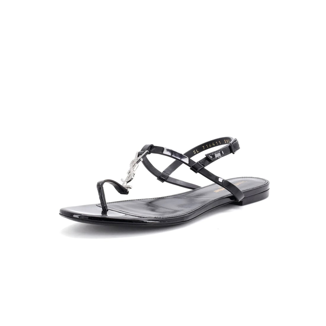 Monogram T Strap Sandals Patent Women's By Saint Laurent: Monogram T Strap Sandals Patent Women's By Saint Laurent Crystal patent leather upper, silver hardware, and black interior details make these Saint Laurent Monogram T-Strap Sandals stand out. With a