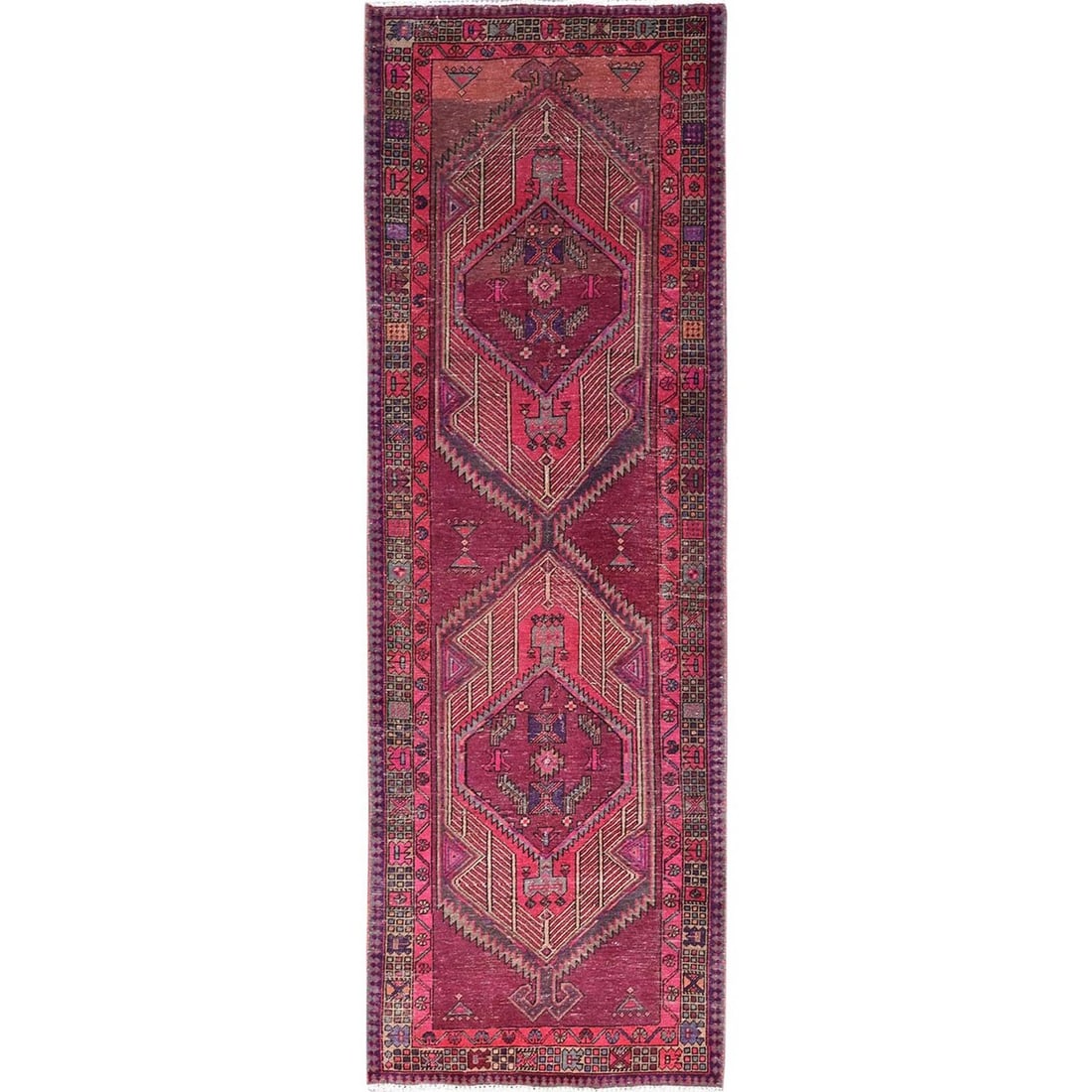 3'8"x10'10" Hibiscus Pink Pure Wool Vintage Seeripe Runner Oriental Rug: 3'8"x10'10" Hibiscus Pink Pure Wool Vintage Seeripe Runner Oriental Rug Hand-knotted in wool, this vibrant pink Oriental runner rug boasts an intricate field design and ornate border, showcasing the r