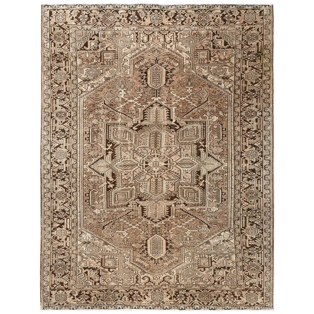 Rug Brown Vintage Worn Zoroastrian Heris Hand Knotted Wool 8'4"x11'3: Rug Brown Vintage Worn Zoroastrian Heris Hand Knotted Wool 8'4"x11'3 The Brown Vintage Worn Zoroastrian Heris Hand Knotted Wool rug boasts a rich, medallion-patterned design in warm brown hues, set ag