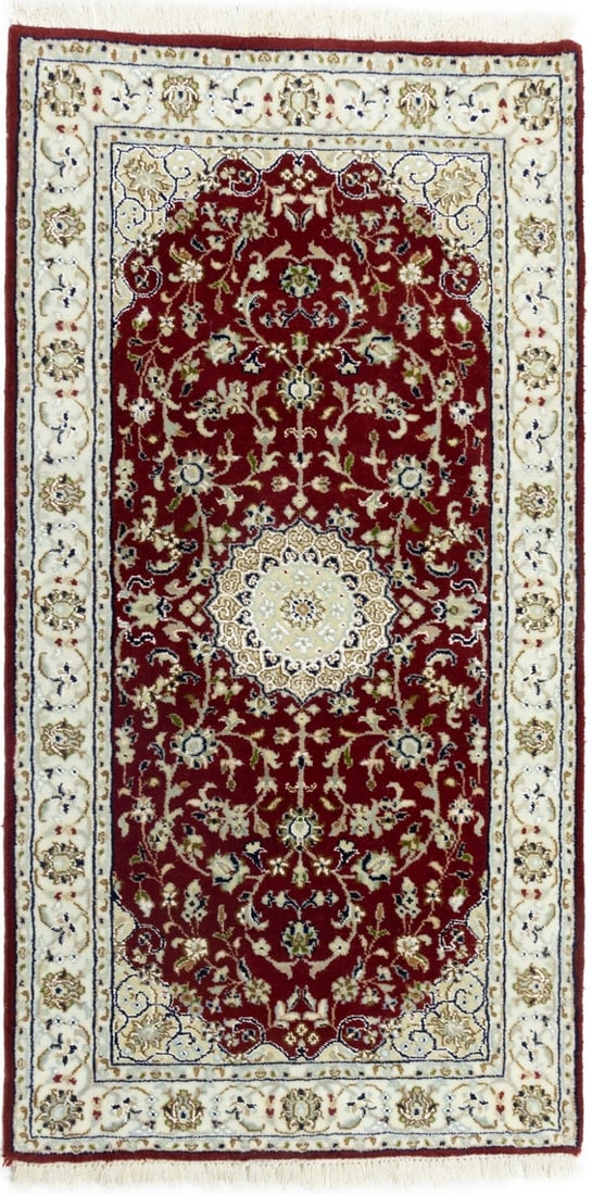 3X5 Handmade Indo-Nain Oriental Rug Classic Red Floral Medallion Style Carpet Hand-Knotted: 3X5 Handmade Indo-Nain Oriental Rug Classic Red Floral Medallion Style Carpet Hand-Knotted Hand-knotted with wool and silk, this classic red floral medallion style carpet boasts an exquisite floral th