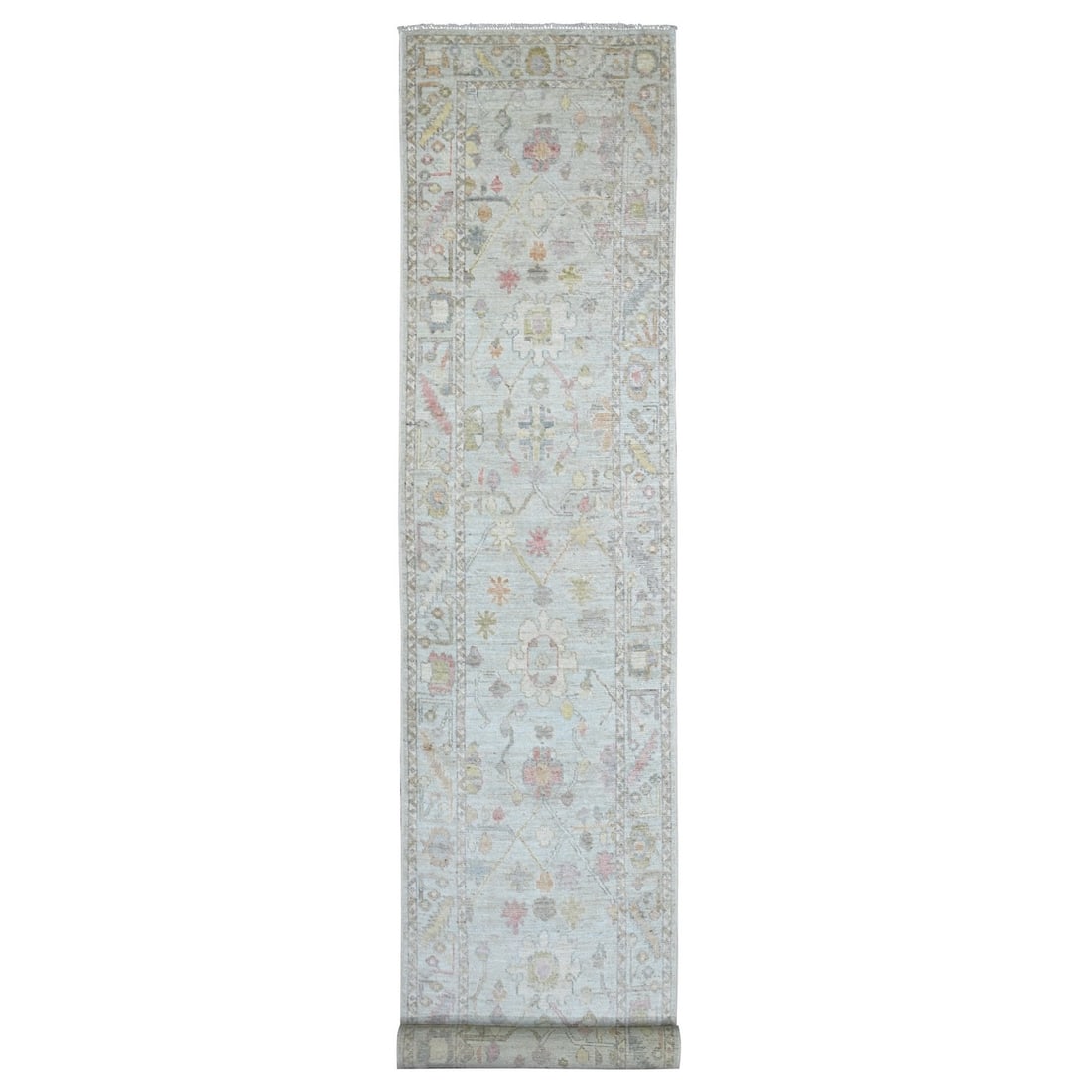 3'x19'2" Light Blue Hand Knotted Angora Oushak Leaf Design Wool Runner Rug: 3'x19'2" Light Blue Hand Knotted Angora Oushak Leaf Design Wool Runner Rug Light blue hand-knotted Angora Oushak leaf design wool runner rug, measuring 89 cm x 584 cm. This stunning piece features a f