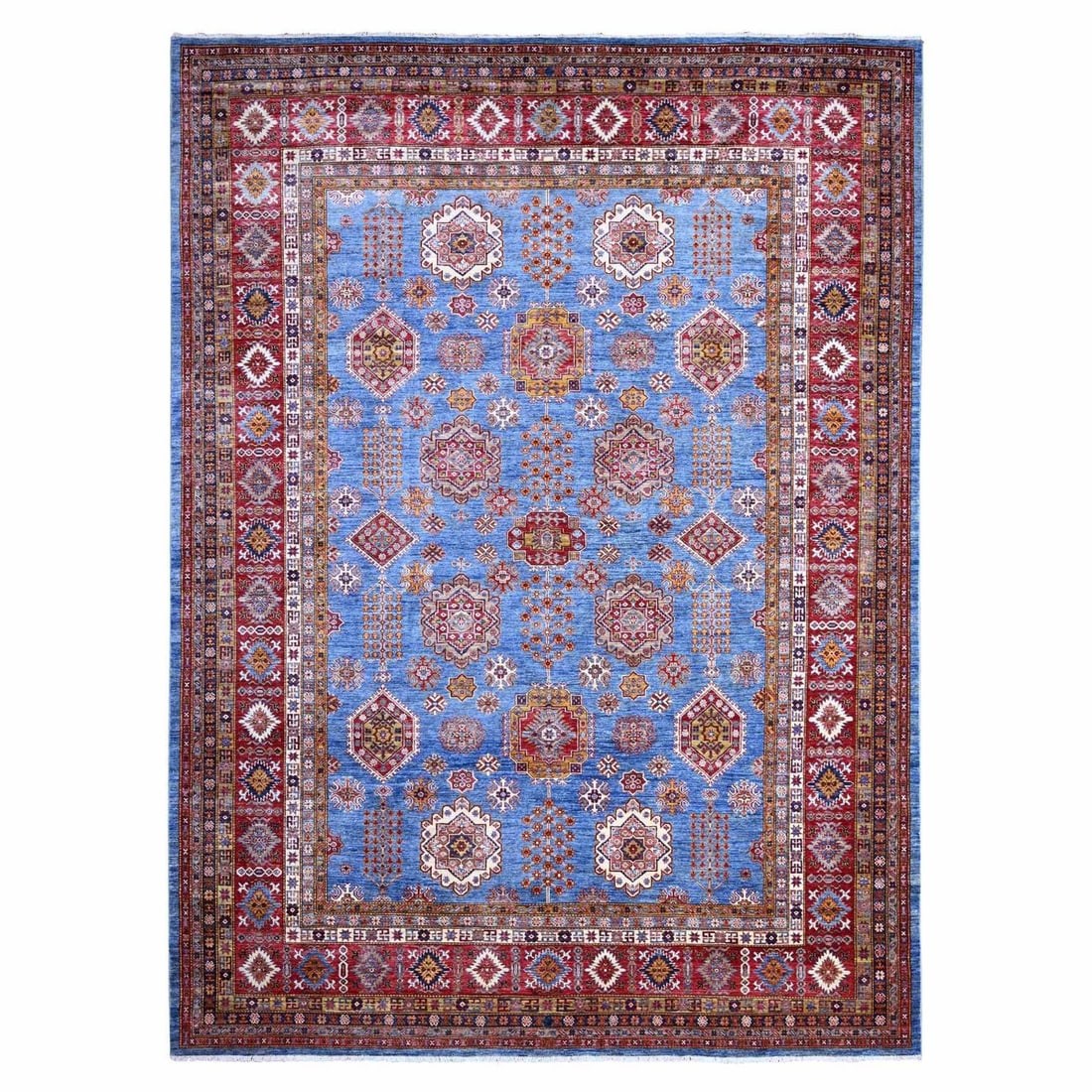 10'2"x13'8" Blue Hand Knotted Super Kazak All Over Motifs Oriental Rug: 10'2"x13'8" Blue Hand Knotted Super Kazak All Over Motifs Oriental Rug Blue Hand Knotted Super Kazak All Over Motifs Oriental Rug measures 10'2" x 13'8". This 100% wool rug features a striking blue co