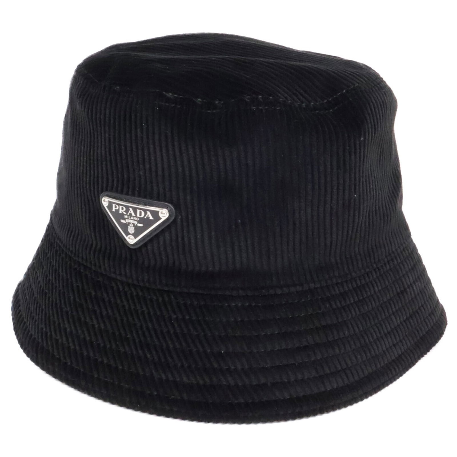 Hat of Cord by Prada: Hat of Cord by Prada Black Cord Bucket Hat by Prada, with a circumference of 58.5cm, made from cord material. This bucket hat features the signature of the brand on its design. The black color provide