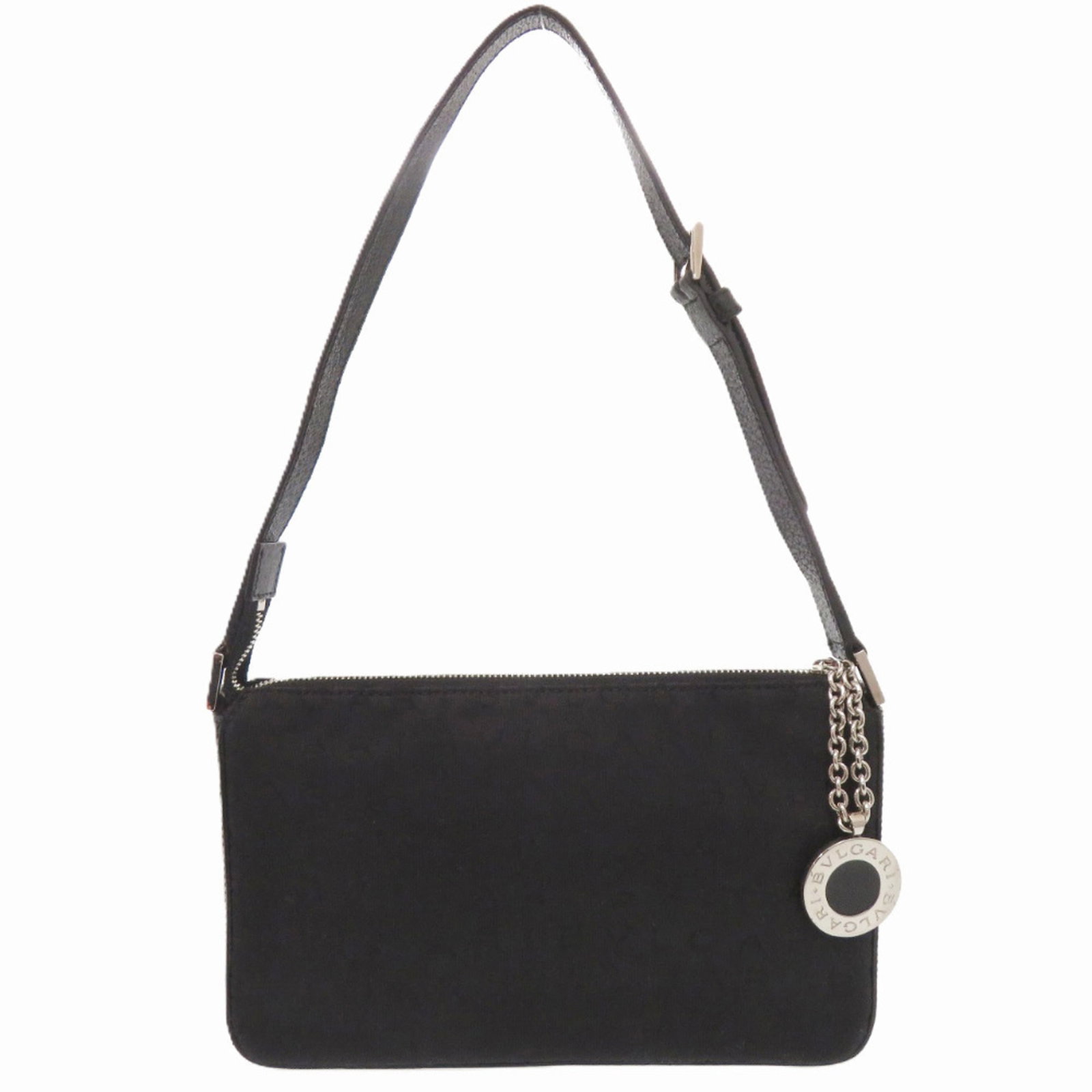 Bvlgari Shoulder Bag Canvas Leather: Bvlgari Shoulder Bag Canvas Leather Canvas and leather come together in sleek, modern design. This black Bvlgari shoulder bag features a canvas upper with leather accents, measuring 14cm x 22.5cm x 3c