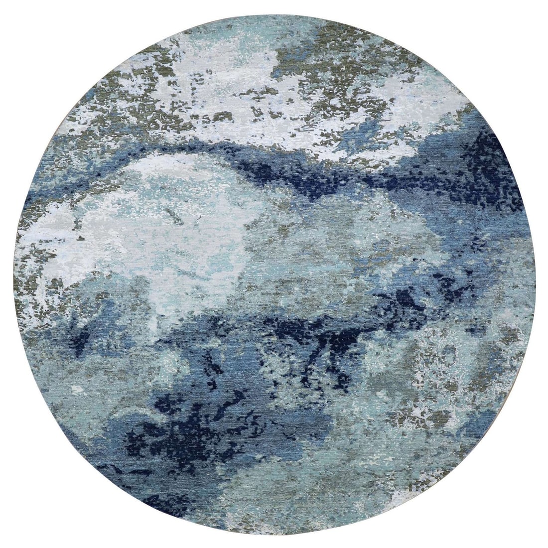 10'4"x10'4" Blue Abstract Design Hand Knotted Round Wool Oriental Rug: 10'4"x10'4" Blue Abstract Design Hand Knotted Round Wool Oriental Rug The 10'4"x10'4" Blue Abstract Design Hand Knotted Round Wool Oriental Rug boasts a striking blue abstract design, expertly woven i