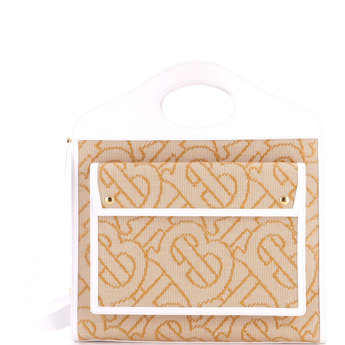 Raffia pocket tote woven canvas with leather medium: Raffia pocket tote woven canvas with leather medium Neutral-colored leather and woven raffia canvas create a timeless look in this medium-sized tote. The classic logo pocket design adds a touch of sop
