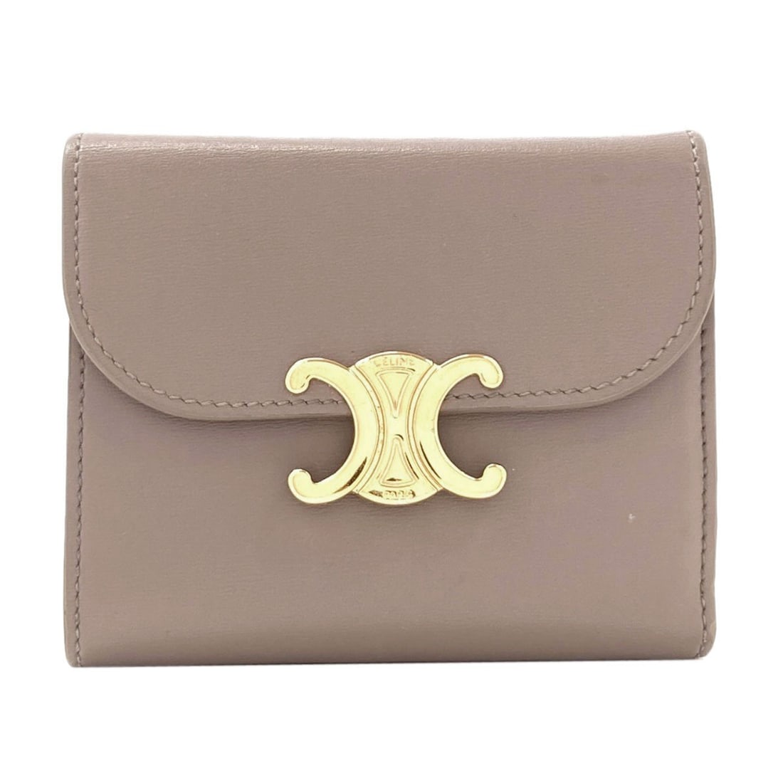 Calf wallet with coin pocket flap bifold tri-fold triomphe: Calf wallet with coin pocket flap bifold tri-fold triomphe Calf wallet with coin pocket flap bifold tri-fold design, featuring gray exterior and interior. The wallet's unique structure includes a coin
