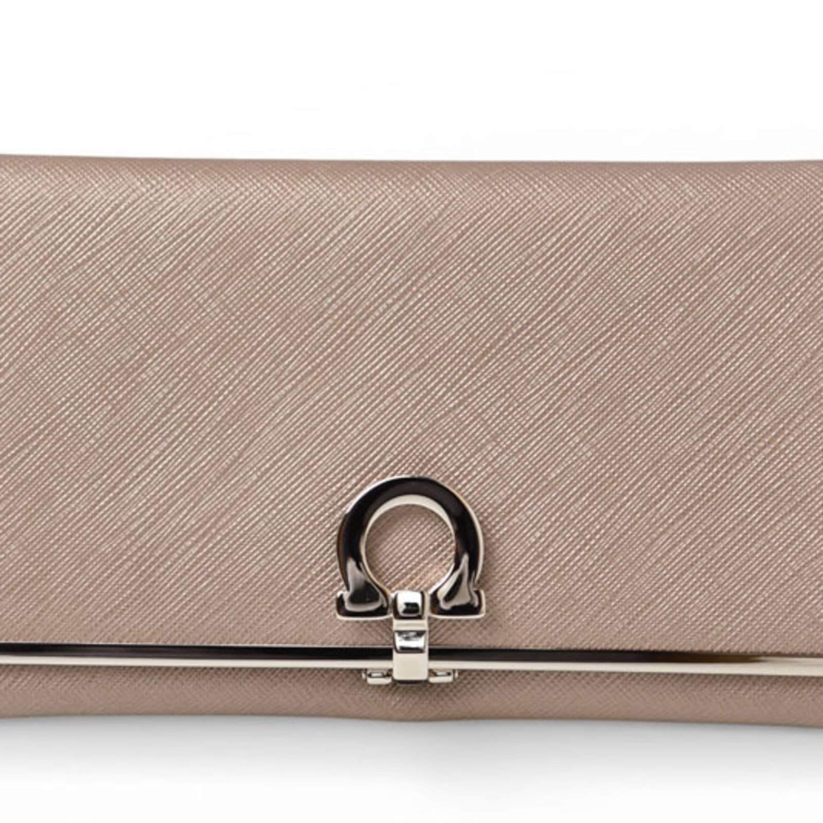 Salvatore Ferragamo Long Wallet (Bi-Fold) Leather: Salvatore Ferragamo Long Wallet (Bi-Fold) Leather The Salvatore Ferragamo Long Wallet (Bi-Fold) Leather boasts sleek metallic beige leather, measuring 10cm x 19cm x 1cm. This stylish bi-fold wallet fe