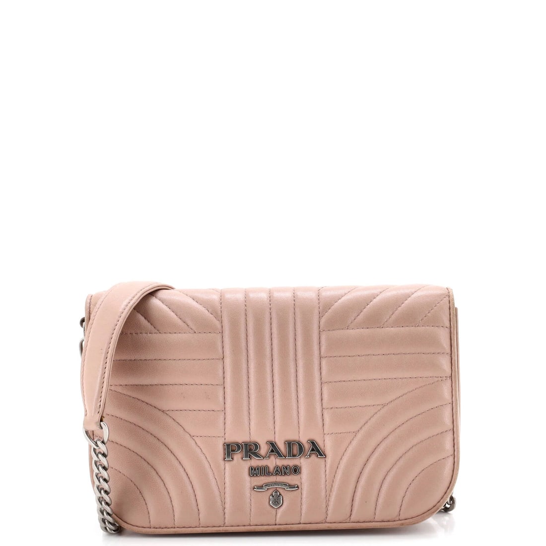 Leather Quilted Crossbody Small Flap Bag Chain Prada: Leather Quilted Crossbody Small Flap Bag Chain Prada Small, quilted leather crossbody bag with chain flap from Prada. Measuring 5.5" tall and 8" wide, it features a neutral exterior color and interior