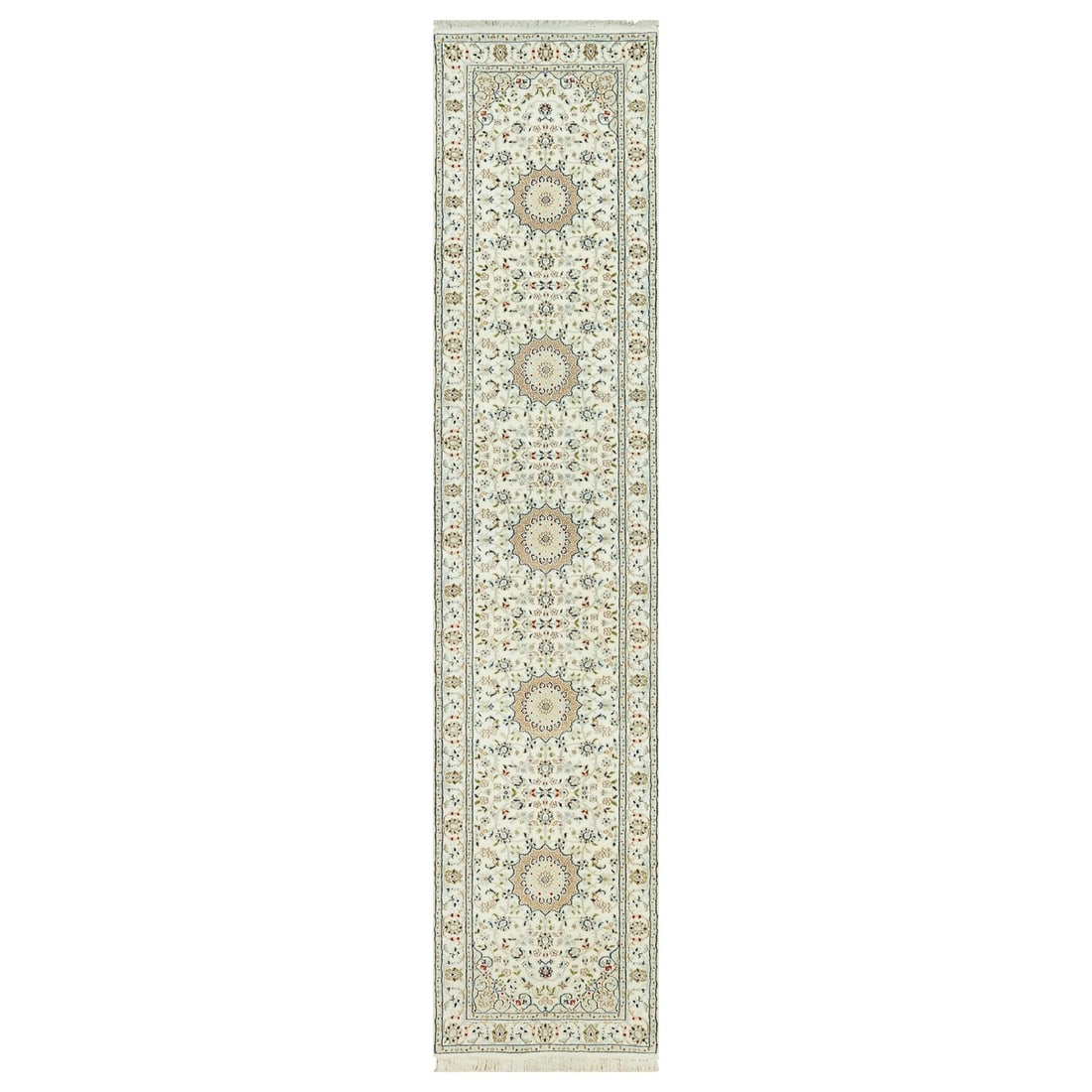 2'8"x12'1" Ivory Nain Hand Knotted 100% Wool 250 KPSI Runner Oriental Rug: 2'8"x12'1" Ivory Nain Hand Knotted 100% Wool 250 KPSI Runner Oriental Rug This stunning ivory-colored hand-knotted wool runner features an elegant flatweave design, showcasing intricate patterns in be