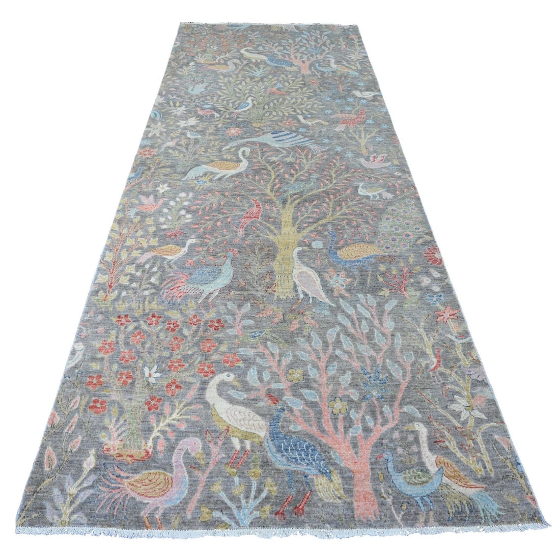 Gray Hand Knotted Peshawar Birds Soft Wool Runner Rug 5'1"x12: Gray Hand Knotted Peshawar Birds Soft Wool Runner Rug 5'1"x12 Soft and subtle, this gray hand-knotted Peshawar birds wool runner rug boasts intricate details and a timeless elegance. Made from 100% wo