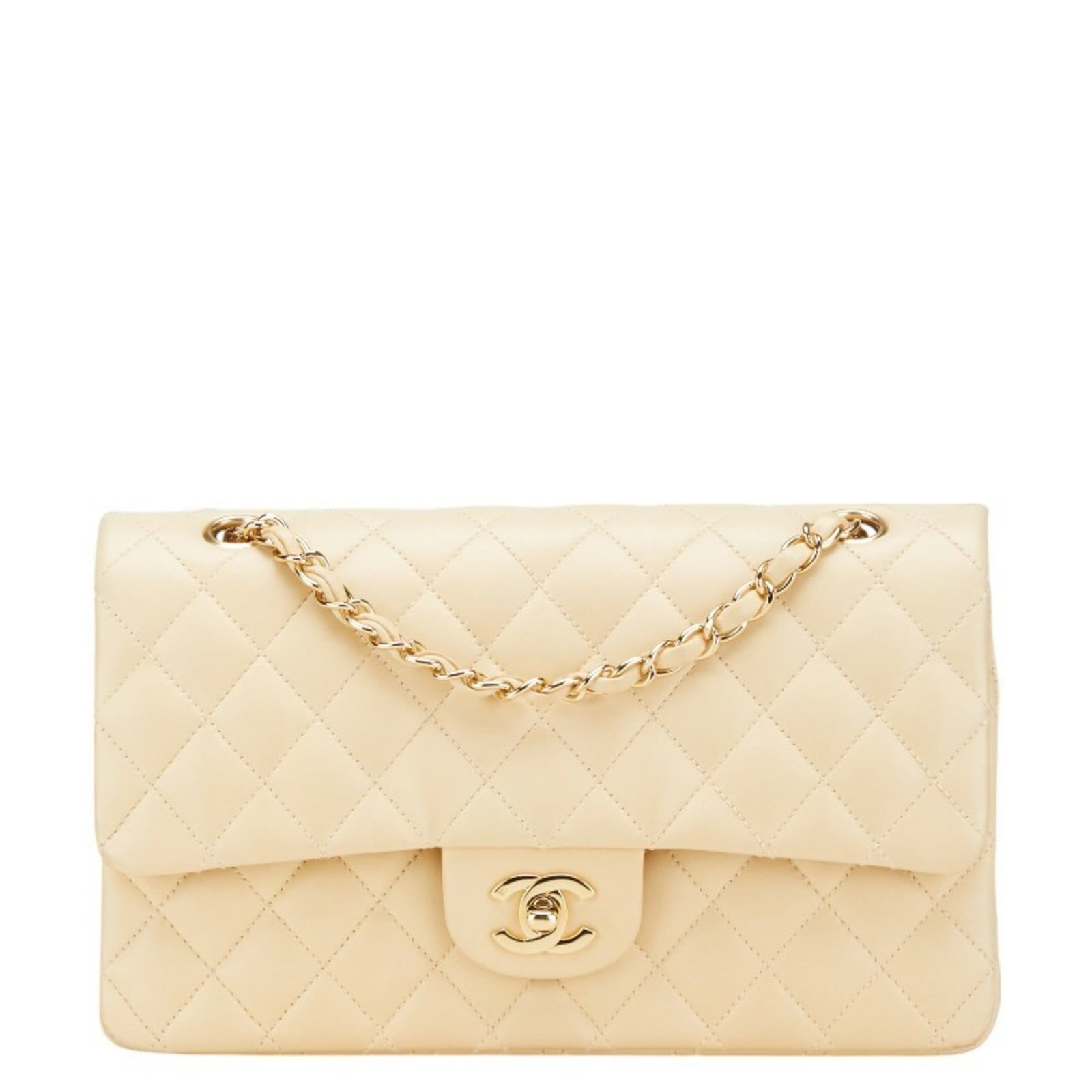 Shoulder Bag Leather Chanel: Shoulder Bag Leather Chanel This luxurious shoulder bag features high-quality lambskin leather in a classic beige color. Measuring 16cm x 25cm x 6.5cm, it is perfectly sized for everyday use and comes