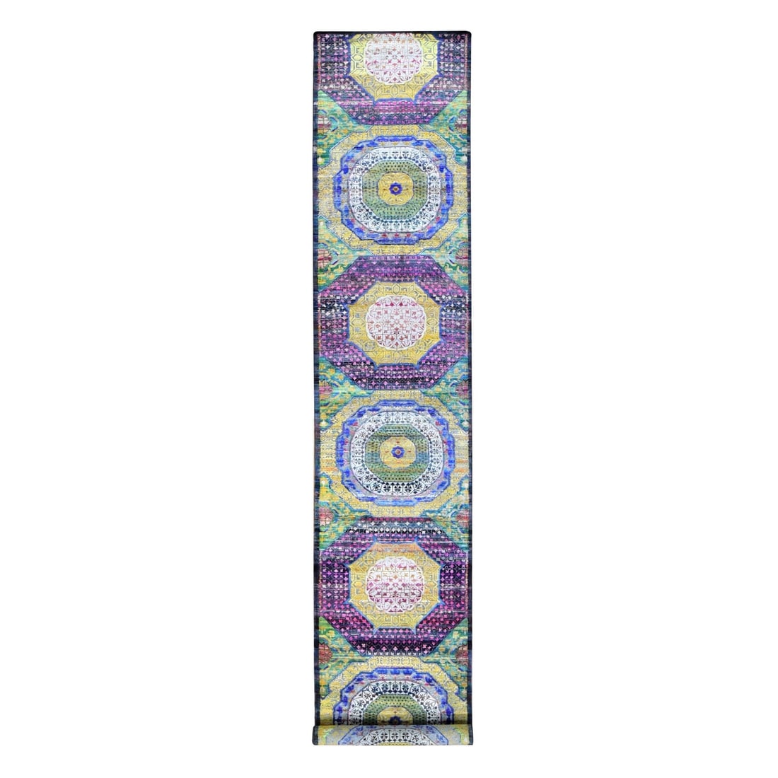 3'1"x17'4" Green Mamluk Design Silk with Wool Hand Knotted XL Runner Rug: 3'1"x17'4" Green Mamluk Design Silk with Wool Hand Knotted XL Runner Rug The Mamluk design silk with wool hand-knotted XL runner rug boasts an impressive 208 inches in length, measuring 94 cm x 528 cm