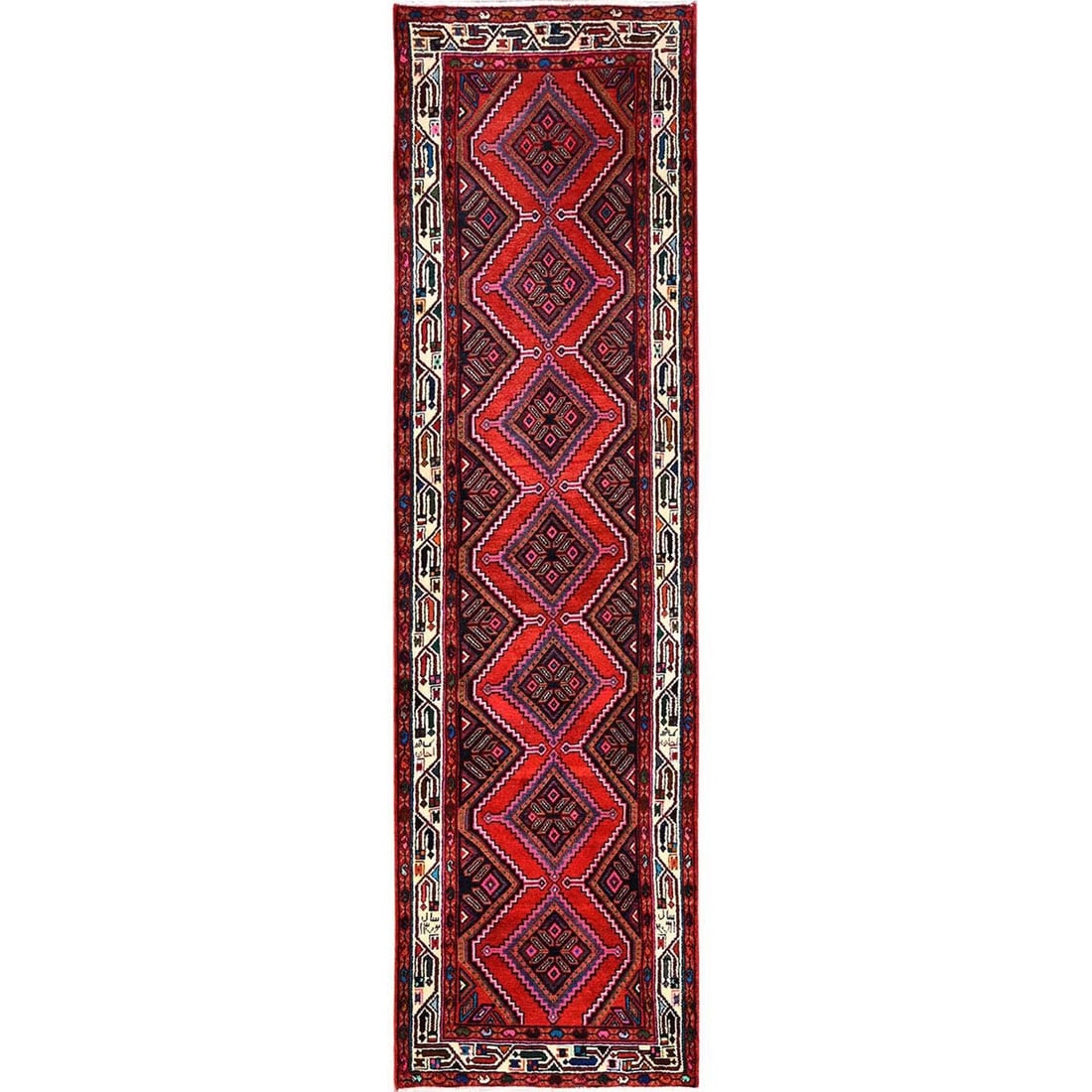 Ajax Red New Zoroastrian Khamadan Wool Hand Knotted 2'6"x9'5" Runner Rug: Ajax Red New Zoroastrian Khamadan Wool Hand Knotted 2'6"x9'5" Runner Rug Hand-knotted in traditional Turkish techniques, this stunning Ajax Red Zoroastrian Khamadan Wool Runner Rug boasts an intricate