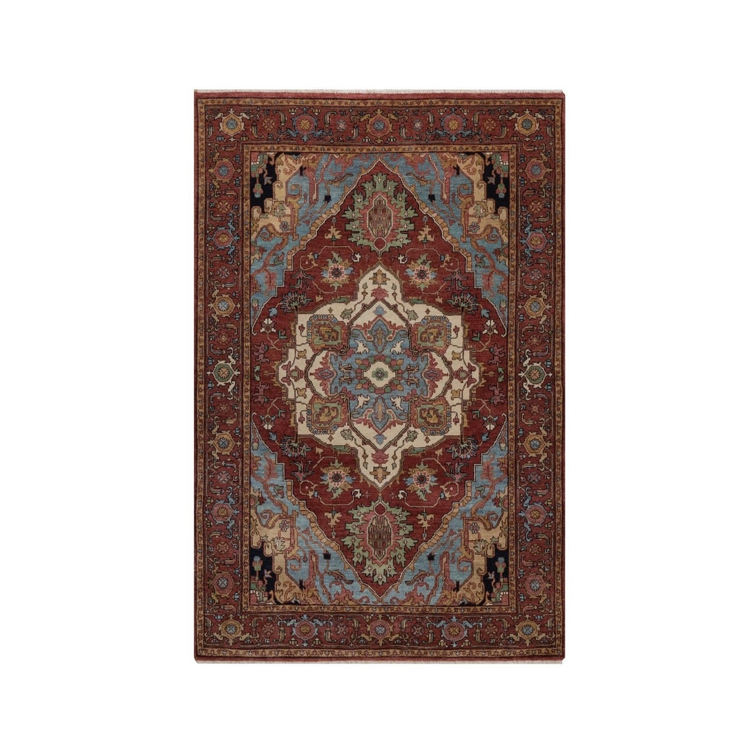 4'1"x6'2" Red Antiqued Fine Heris Re-Creation Soft Wool Hand Knotted Rug: 4'1"x6'2" Red Antiqued Fine Heris Re-Creation Soft Wool Hand Knotted Rug Hand-knotted with soft wool, this exquisite Heris-style rug boasts an intricate medallion pattern in rich red hues. Measuring 4