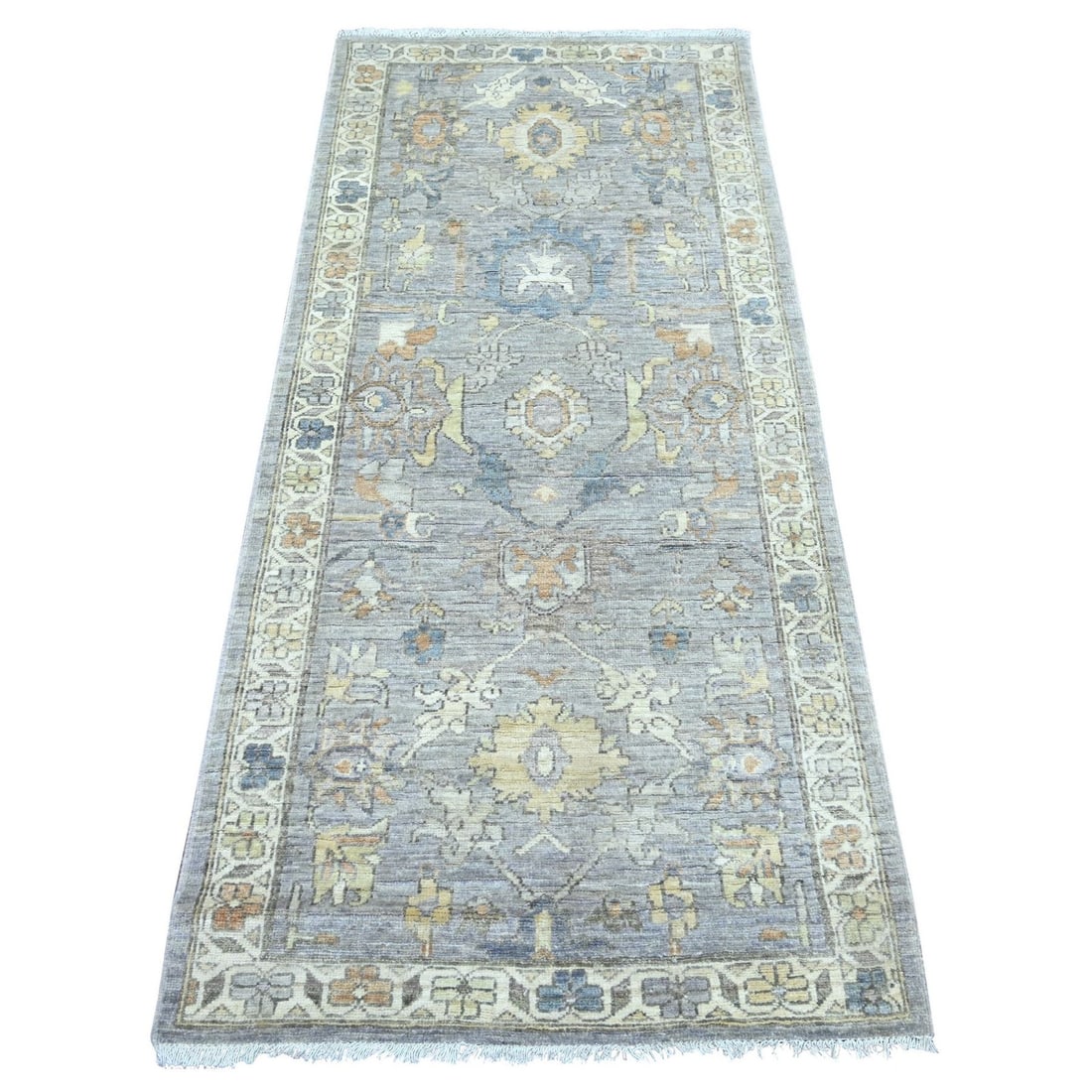 2'9"x6' Gray Peshawar with Heris All Over Design Hand Knotted Wool Runner: 2'9"x6' Gray Peshawar with Heris All Over Design Hand Knotted Wool Runner The Peshawar hand knotted wool runner boasts an all-over design, showcasing the rich regional patterns of Afghanistan. Its sub