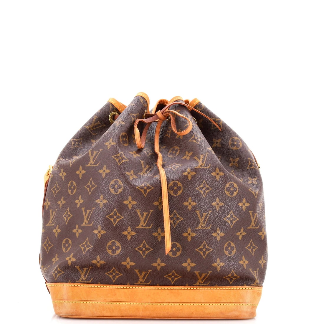 Louis Vuitton Noe Handbag Monogram Canvas Large: Louis Vuitton Noe Handbag Monogram Canvas Large Brown Louis Vuitton Noe Handbag Monogram Canvas Large with gold hardware, featuring water marks on the base and heavy corner wear. This large bucket han