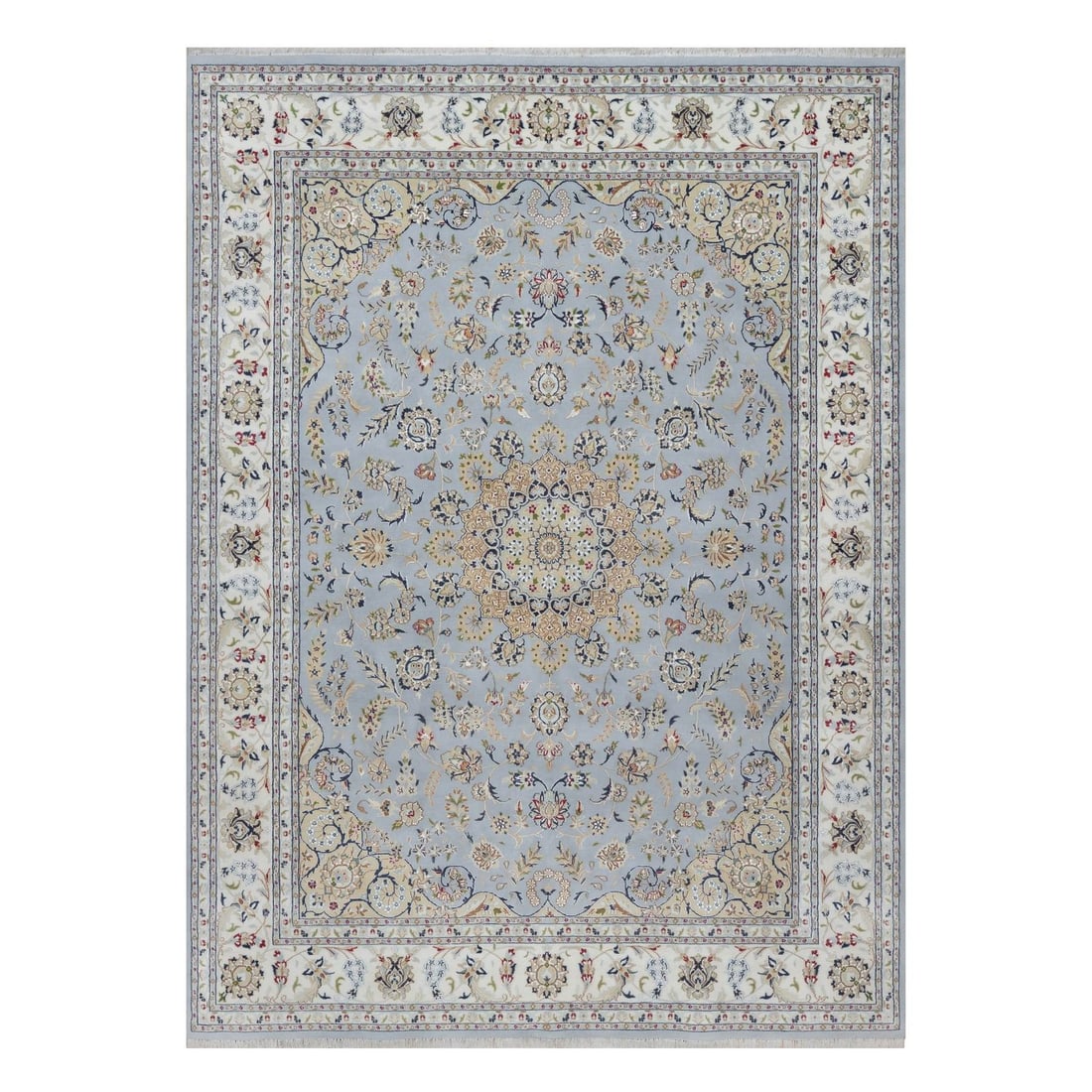 9'x12'2" Light Blue Wool and Silk Nain 250 KPSI Hand Knotted 250 KPSI Rug: 9'x12'2" Light Blue Wool and Silk Nain 250 KPSI Hand Knotted 250 KPSI Rug 9'x12'2" Light Blue Wool and Silk Nain 250 KPSI Hand Knotted Rug boasts an impressive medallion regional design, characteristi