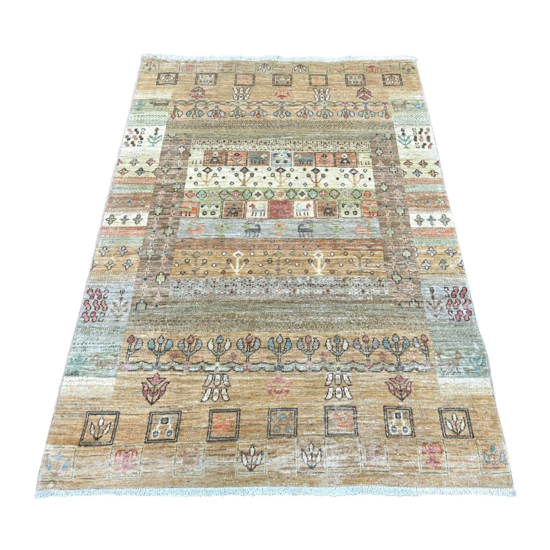 4'x5'7" Brown Fine Kashkuli Animal Figurines Hand Knotted Soft Wool Rug (1 of 6)