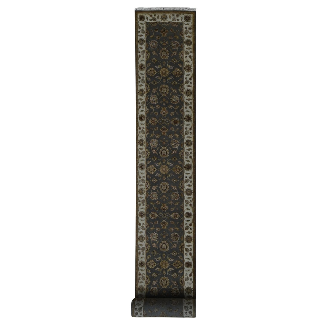 2'6"x20' Gray Rajasthan Design Wool and Silk Hand Knotted XL Runner Rug: 2'6"x20' Gray Rajasthan Design Wool and Silk Hand Knotted XL Runner Rug This stunning 2'6"x20' Gray Rajasthan Design Wool and Silk Hand Knotted XL Runner Rug boasts an intricate hand-knotted design, w