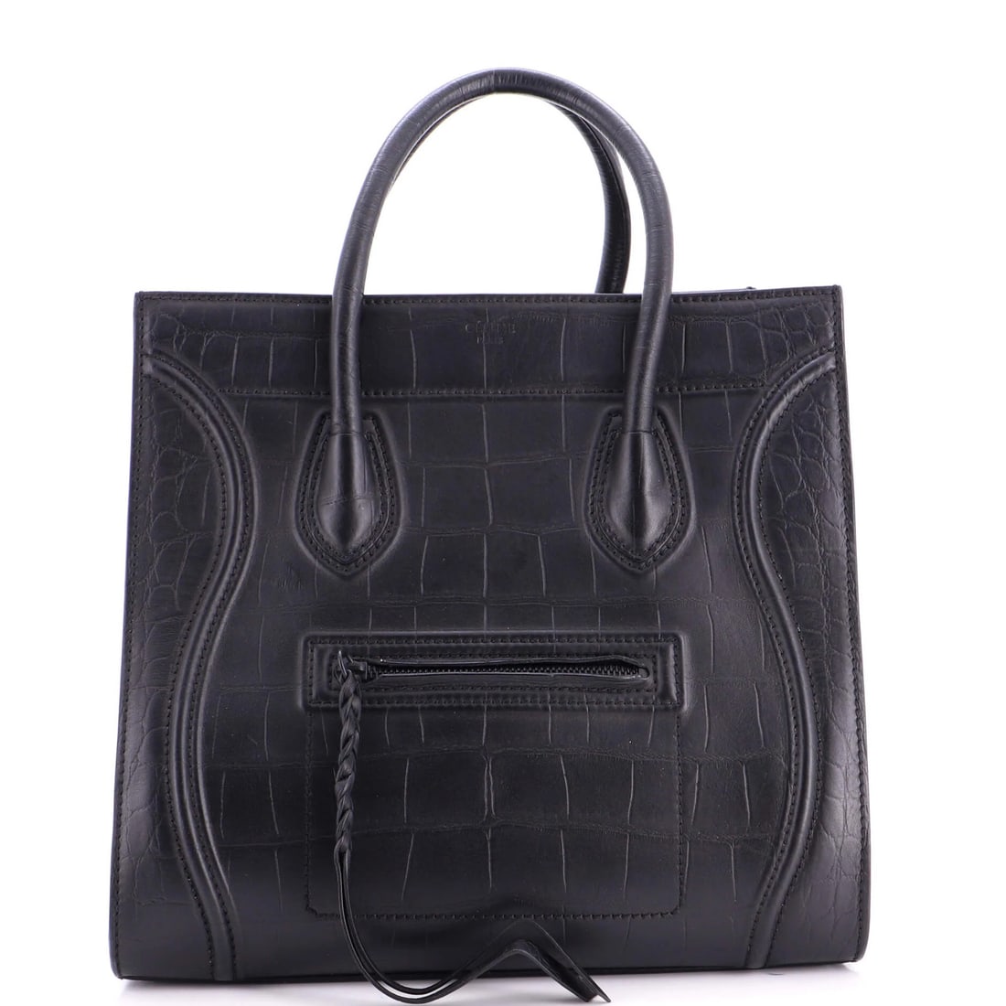 Crocodile Embossed Leather Phantom Bag Medium: Crocodile Embossed Leather Phantom Bag Medium The Celine Phantom Bag Medium boasts striking crocodile embossed leather exterior in sleek black, adding an air of sophistication to any outfit. With its 