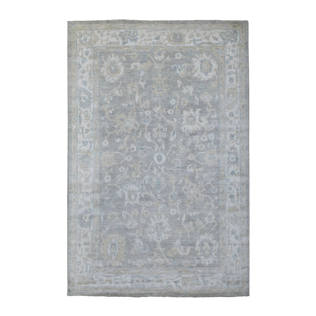 6'x9'2" Faded Gray Angora Oushak Hand Knotted Extra Soft Wool Rug: 6'x9'2" Faded Gray Angora Oushak Hand Knotted Extra Soft Wool Rug Soft and serene, this 6'0" x 9'2" Faded Gray Angora Oushak Hand Knotted Extra Soft Wool Rug brings warmth and texture to any room. Mad