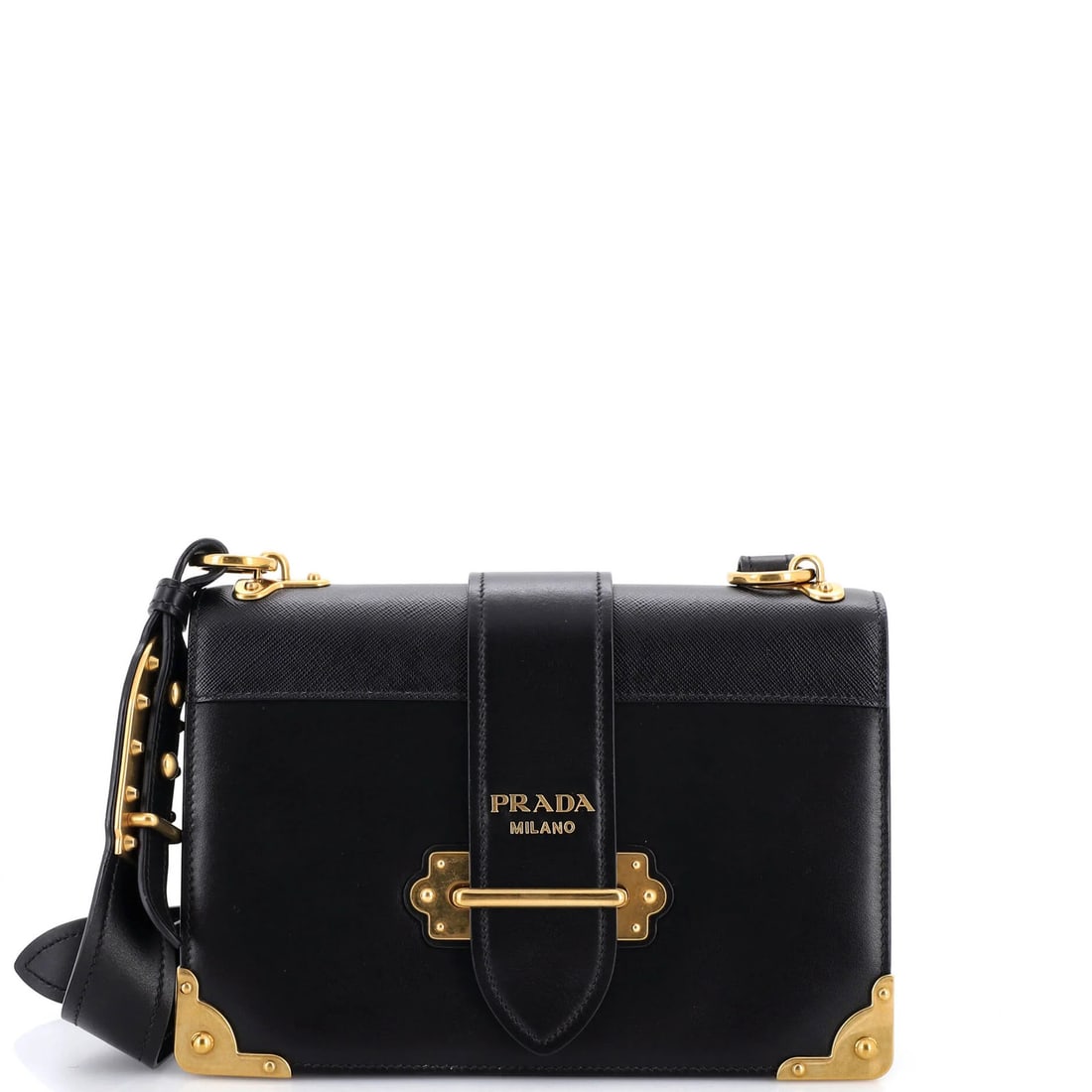 Crossbody Bag Cahier Large Leather Saffiano Prada: Crossbody Bag Cahier Large Leather Saffiano Prada Black Saffiano leather Prada Cahier crossbody bag with large size, aged gold hardware and interior. Minor scuffs and creases on exterior, cracking on 