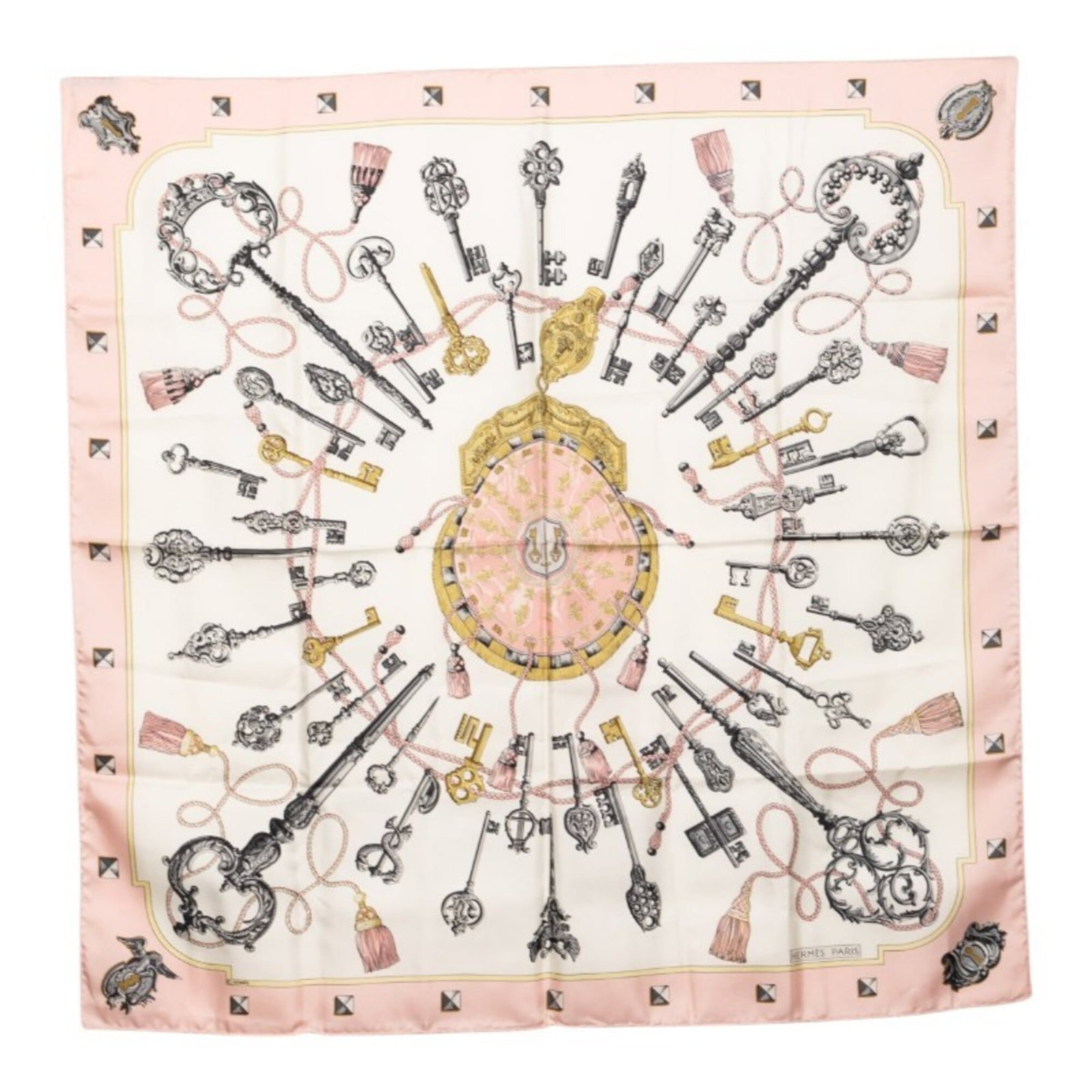 Hermes silk scarf: Hermes silk scarf Silk scarf from renowned French fashion house Hermes, featuring a vibrant multi-color design and a soft pink accent. Measuring 88.5cm x 89cm in size, this elegant accessory adds a to