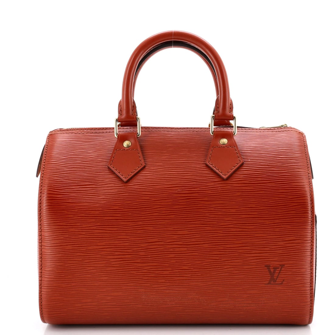 Speedy Handbag Leather Epi Louis Vuitton 25: Speedy Handbag Leather Epi Louis Vuitton 25 Speedy Handbag Epi Leather 25 in Brown features a classic top handle design with scuffs and edge wear on the exterior, while the interior boasts raw leather