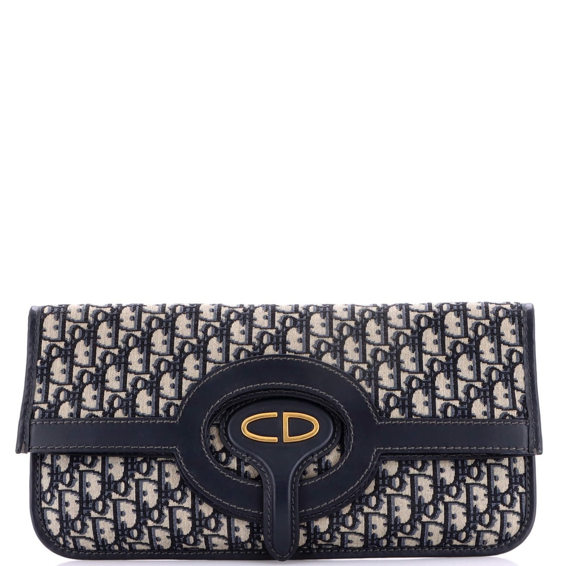 Christian Dior fold over clutch oblique canvas: Christian Dior fold over clutch oblique canvas Blue canvas fold over clutch with oblique design, featuring aged gold hardware and neutral interior. Measuring 8" tall, 15" wide, and 1" deep, it has a h