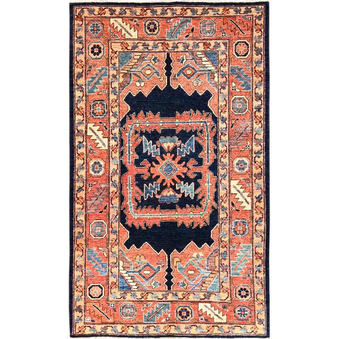4'1x6'9" Orange Wool Rug Serapi Heris Design Aryana Grade Hand Knotted: 4'1x6'9" Orange Wool Rug Serapi Heris Design Aryana Grade Hand Knotted Hand-knotted in vibrant orange wool, this stunning Heris-style serapi rug boasts intricate medallion patterns and a rich, regiona