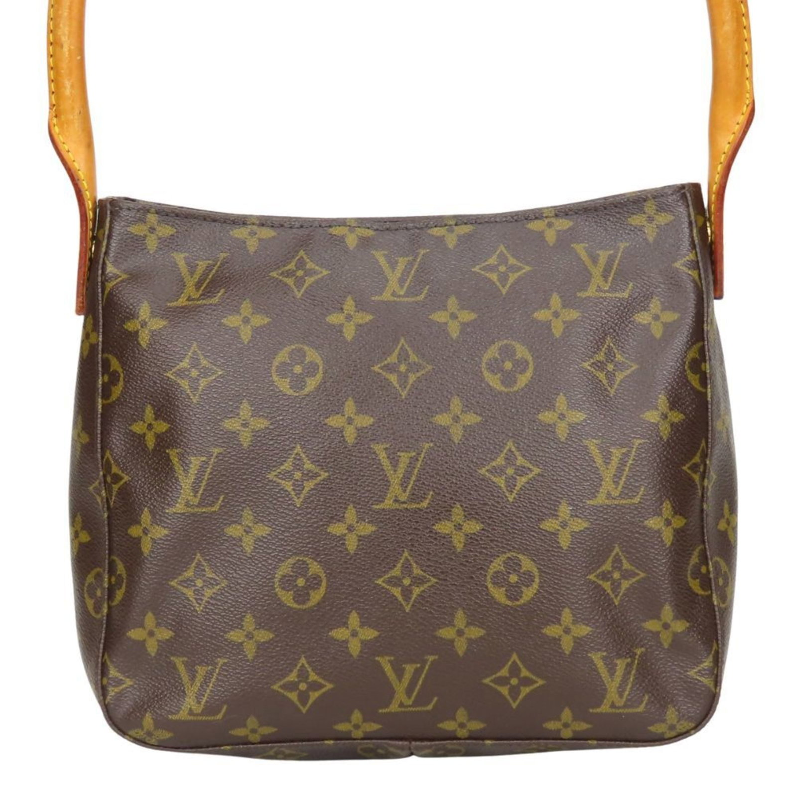 Louis Vuitton Shoulder Bag Monogram Leather: Louis Vuitton Shoulder Bag Monogram Leather Monogrammed leather in rich brown tones adds sophistication to this classic Louis Vuitton shoulder bag, featuring the iconic monogram pattern. Measuring 21.